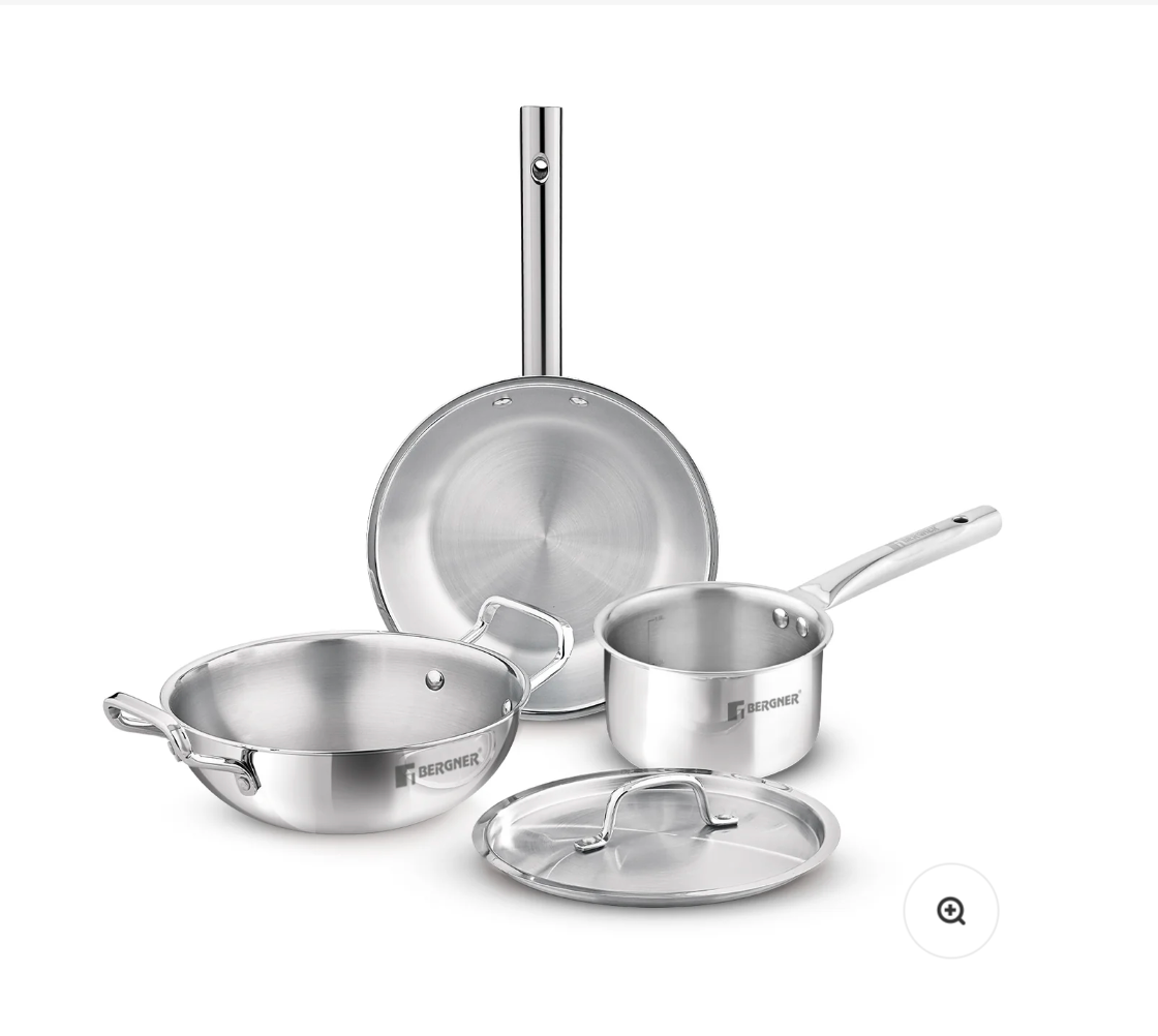 Stainless Steel Cookware Set – 4-Piece Kitchen Essentials (Frying Pan, Saucepan, Kadai & Lid)