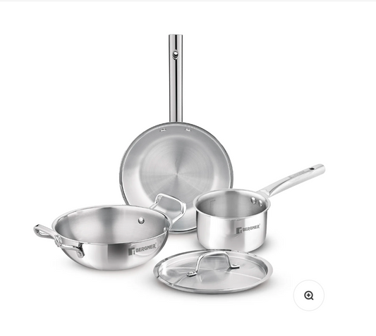 Stainless Steel Cookware Set – 4-Piece Kitchen Essentials (Frying Pan, Saucepan, Kadai & Lid)